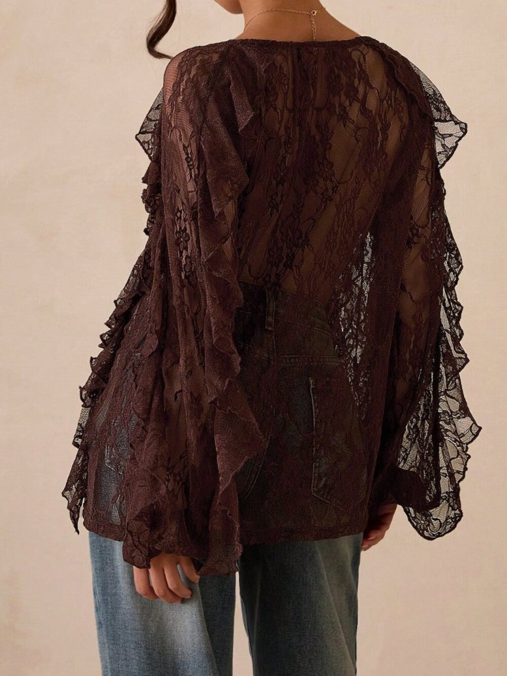Coffee Brown Sexy Casual Women's V-Neck Long Sleeve Boho Blouse - Picture 2 of 7